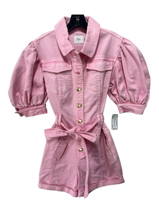 Aje. Size 8 Pink Cotton Denim Button Front Short Puff Sleeve Gold button Romper Pink / 8