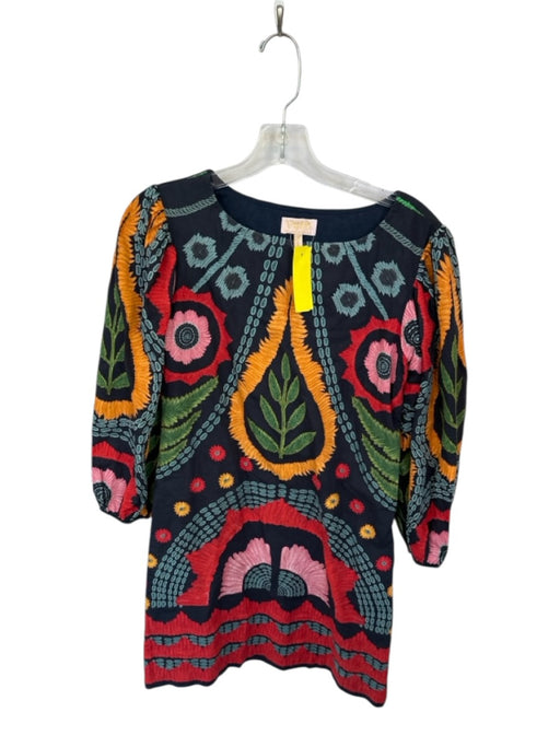 Verb Size S Black & Multi Cotton Long Balloon Sleeve Embroidered Flowers Dress Black & Multi / S