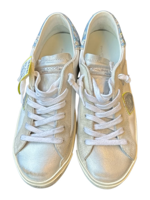 Philippe Model Shoe Size 39 White & Silver Leather Metallic Athletic Sneakers White & Silver / 39