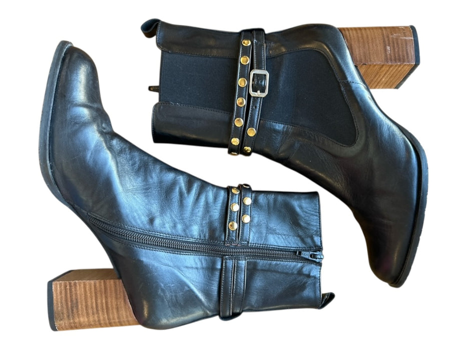 Brenda Zaro Shoe Size 39 Black & Gold Leather Side Zip Block Heel Studded Boots Black & Gold / 39