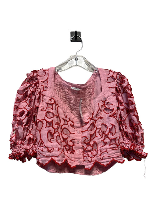 Place Nationale Size Est S Pink & Red Cotton Abstract Cut Out Puff Sleeve Top Pink & Red / Est S