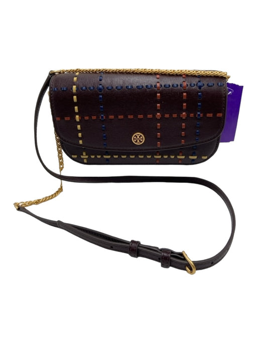 Tory Burch Maroon & Multi Leather Saffiano Magnetic Snap Goldtone Hardware Bag Maroon & Multi