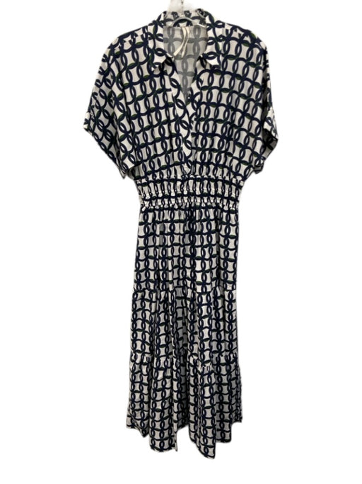By Anthropologie Size S White, Green & Navy Print Cotton V Neck Collared Dress White, Green & Navy Print / S