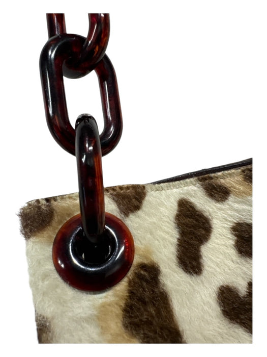 Prada White, Brown, Tan Pony Hair Leather Leopard Acrylic Chain Strap Hobo Bag White, Brown, Tan / Medium