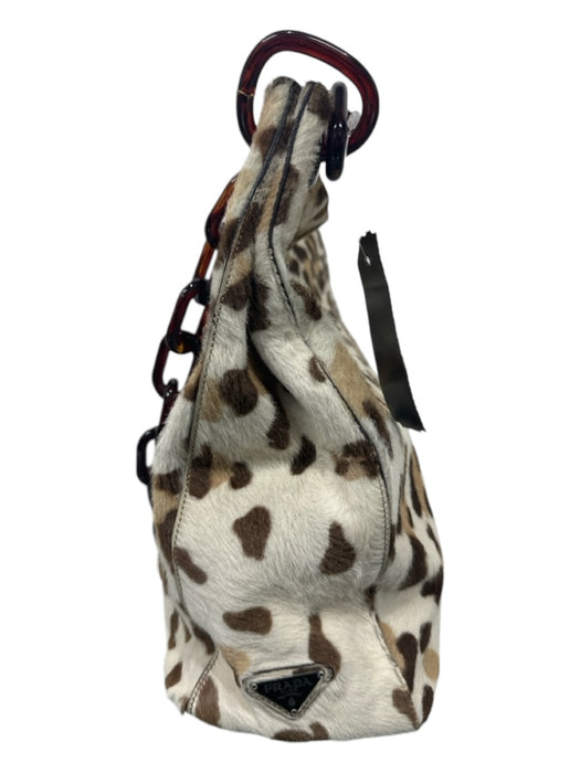 Prada White, Brown, Tan Pony Hair Leather Leopard Acrylic Chain Strap Hobo Bag White, Brown, Tan / Medium