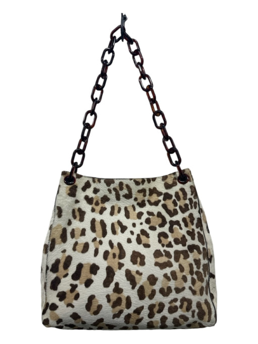 Prada White, Brown, Tan Pony Hair Leather Leopard Acrylic Chain Strap Hobo Bag White, Brown, Tan / Medium