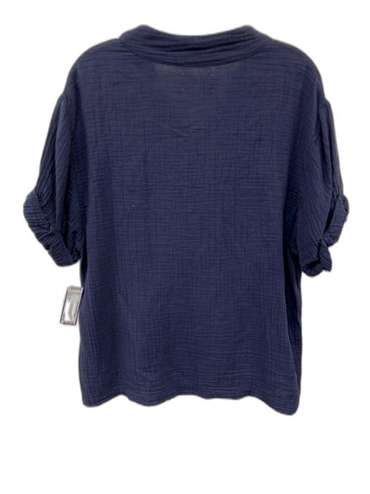 XiRENA Size S Dark Blue Cotton Short Puff Sleeve Gauze Split Neck Top Dark Blue / S