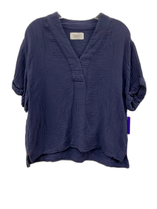 XiRENA Size S Dark Blue Cotton Short Puff Sleeve Gauze Split Neck Top Dark Blue / S