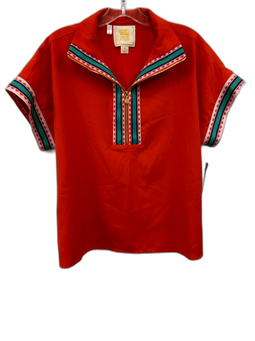 Emily McCarthy Size M Red, Green, Blue Polyester Short Sleeve Ribbon Detail Top Red, Green, Blue / M