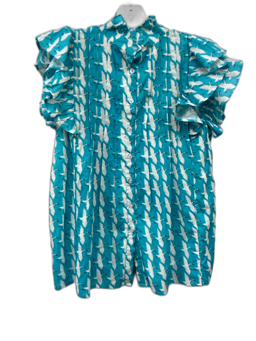 Victoria Dunn Size S Blue & White Cotton Ruffle Cap Sleeve Birds Pintuck Top Blue & White / S