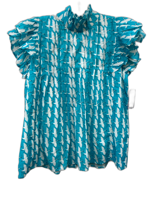 Victoria Dunn Size S Blue & White Cotton Ruffle Cap Sleeve Birds Pintuck Top Blue & White / S