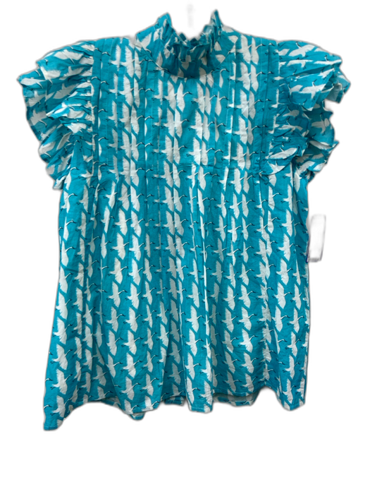 Victoria Dunn Size S Blue & White Cotton Ruffle Cap Sleeve Birds Pintuck Top Blue & White / S