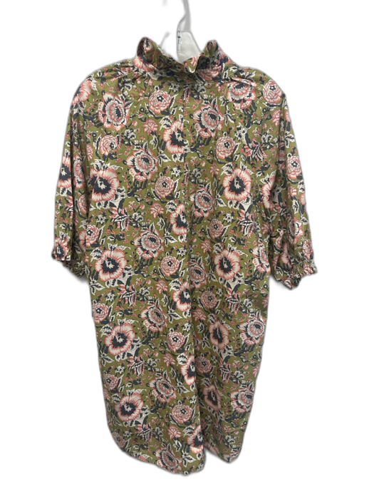 Sundays Size M Green, Gray, Pink Cotton Short Puff Sleeve Floral Print Dress Green, Gray, Pink / M