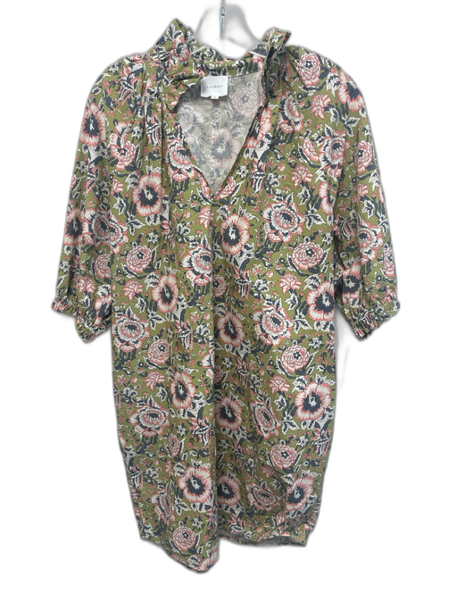 Sundays Size M Green, Gray, Pink Cotton Short Puff Sleeve Floral Print Dress Green, Gray, Pink / M