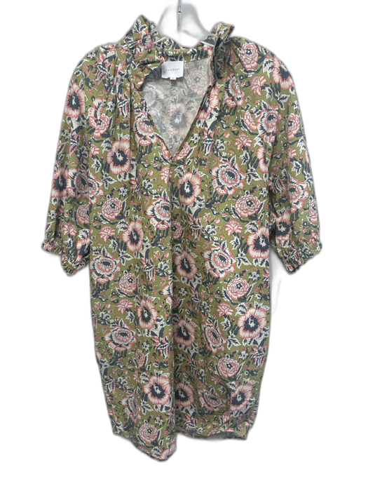 Sundays Size M Green, Gray, Pink Cotton Short Puff Sleeve Floral Print Dress Green, Gray, Pink / M