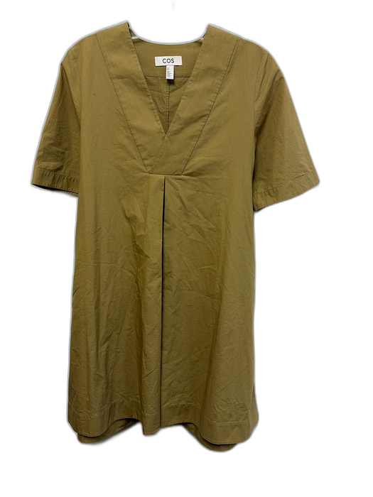 COS Size 6 Olive Green Cotton Short Sleeve V Neck Pleat Mini Dress Olive Green / 6