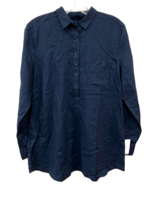 Not Monday Size S Navy Blue Linen Long Sleeve 1/4 Button Breast Pocket Top Navy Blue / S