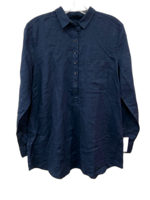 Not Monday Size S Navy Blue Linen Long Sleeve 1/4 Button Breast Pocket Top Navy Blue / S