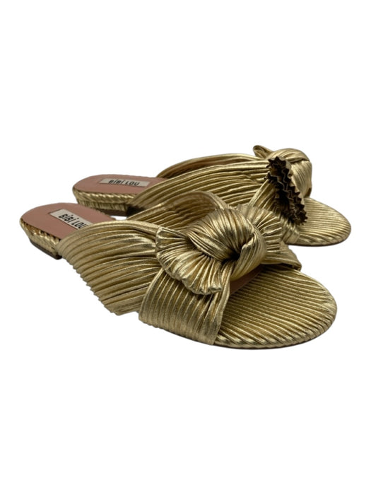 Bibi Lou Shoe Size 7 Gold Fabric Micropleat Crinkle Bow Flat Mule Sandals Gold / 7