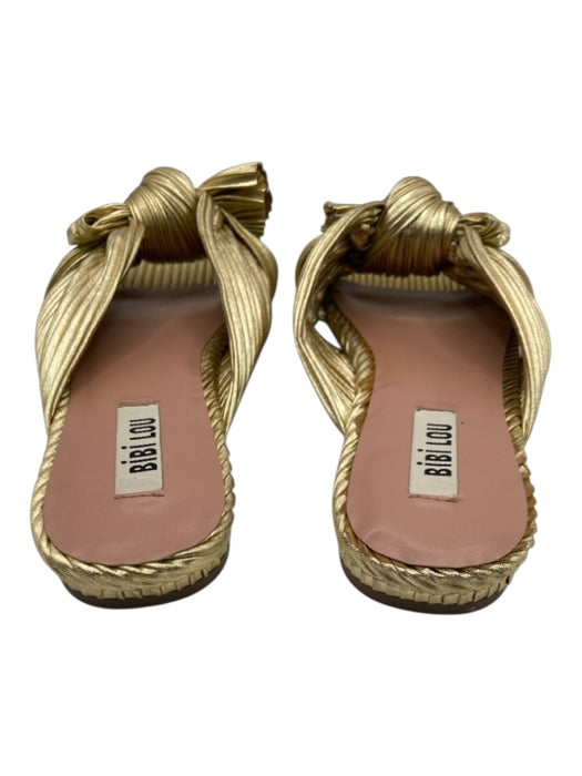 Bibi Lou Shoe Size 7 Gold Fabric Micropleat Crinkle Bow Flat Mule Sandals Gold / 7