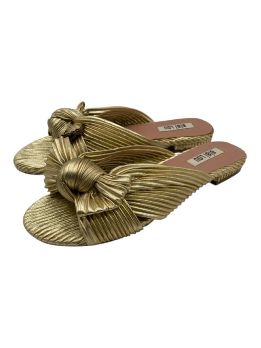 Bibi Lou Shoe Size 7 Gold Fabric Micropleat Crinkle Bow Flat Mule Sandals Gold / 7