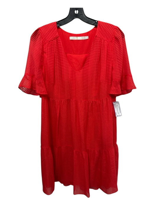 Marie Oliver Size S coral Silk Mesh Overlay Short Ruffle Sleeve V Neck Dress coral / S