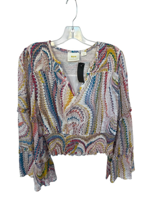Maeve Size S White & Multi Viscose Abstract V Neck Smocked Detail Top White & Multi / S