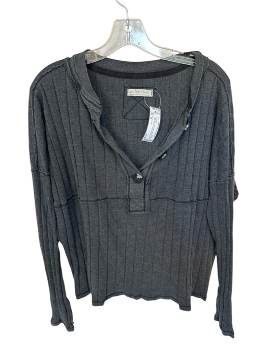 We The Free Size M Dark Grey Cotton Blend Ribbed V Neck Large Buttons Sweater Dark Grey / M