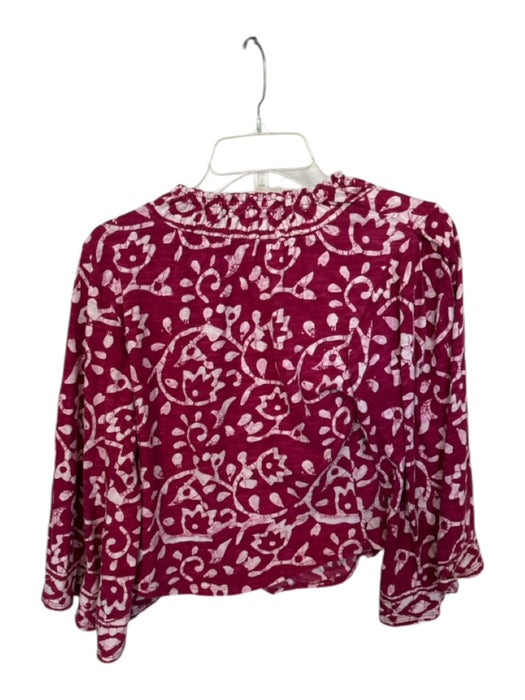 Free People Size M Magenta & White Cotton Rouched Half Sleeve V Neck Top Magenta & White / M