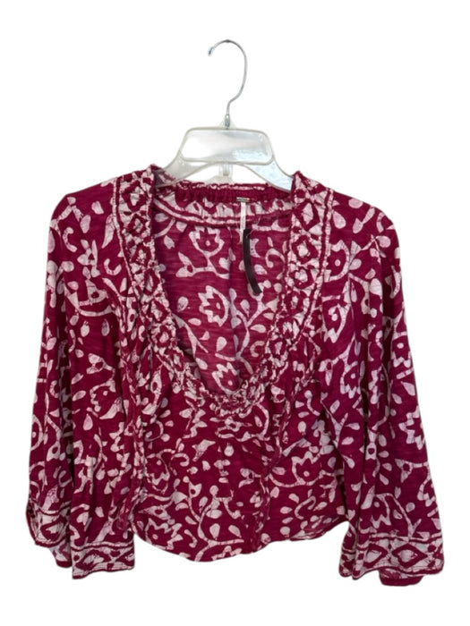 Free People Size M Magenta & White Cotton Rouched Half Sleeve V Neck Top Magenta & White / M