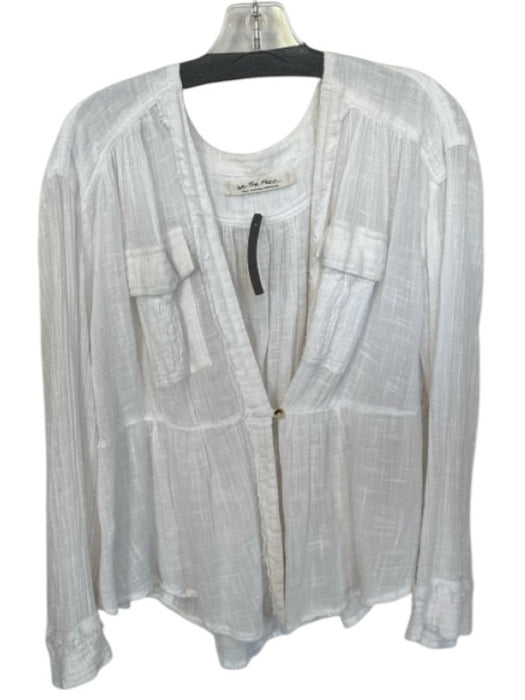 We The Free Size S White Cotton Long Sleeve Button Pockets Raw Edge Top White / S