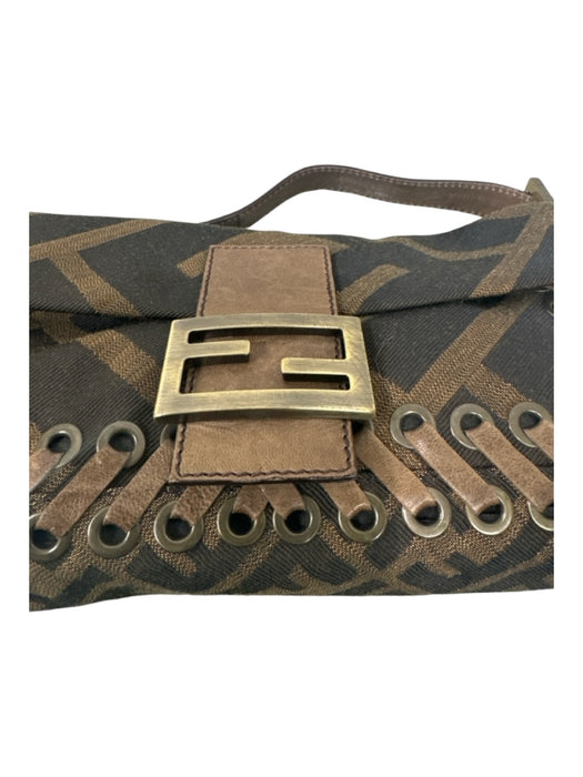 Fendi Dark Brown Print Canvas Zucca Monogram Whipstitch Grommets Bag Dark Brown Print / S