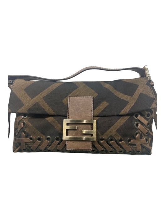 Fendi Dark Brown Print Canvas Zucca Monogram Whipstitch Grommets Bag Dark Brown Print / S