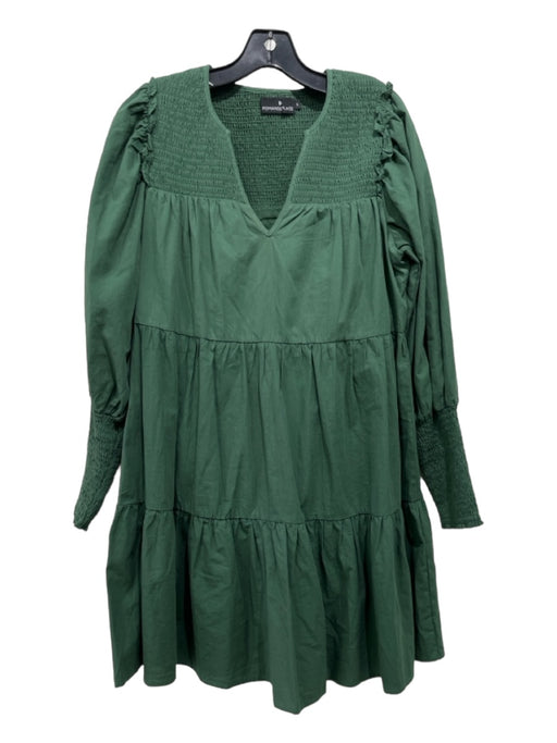 Pomander Place Size S Green Cotton Smocked Detail V Neck Long Sleeve Dress Green / S
