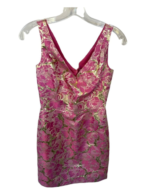 Lilly Pulitzer Size 0 Pink & Gold Silk Blend Sleeveless Metallic Flowers Dress Pink & Gold / 0