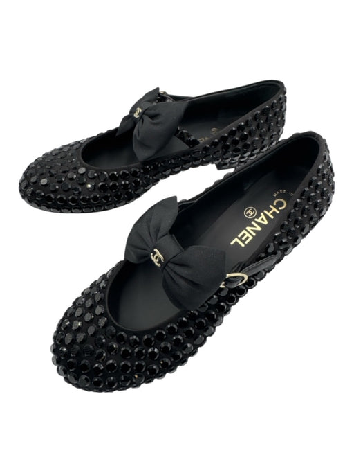 Chanel Shoe Size 38.5 Black Textile Mary Jane Rhinestone Grosgrain Ribbon Shoes Black / 38.5