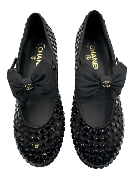 Chanel Shoe Size 38.5 Black Textile Mary Jane Rhinestone Grosgrain Ribbon Shoes Black / 38.5