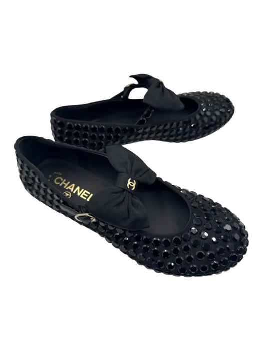 Chanel Shoe Size 38.5 Black Textile Mary Jane Rhinestone Grosgrain Ribbon Shoes Black / 38.5