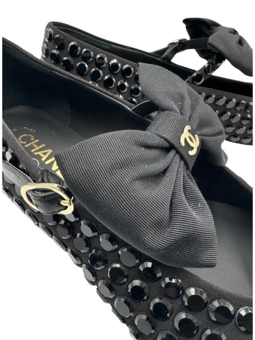 Chanel Shoe Size 38.5 Black Textile Mary Jane Rhinestone Grosgrain Ribbon Shoes Black / 38.5
