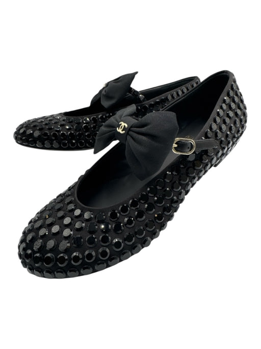Chanel Shoe Size 38.5 Black Textile Mary Jane Rhinestone Grosgrain Ribbon Shoes Black / 38.5