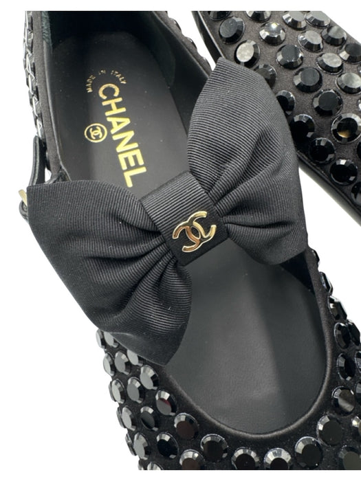 Chanel Shoe Size 38.5 Black Textile Mary Jane Rhinestone Grosgrain Ribbon Shoes Black / 38.5