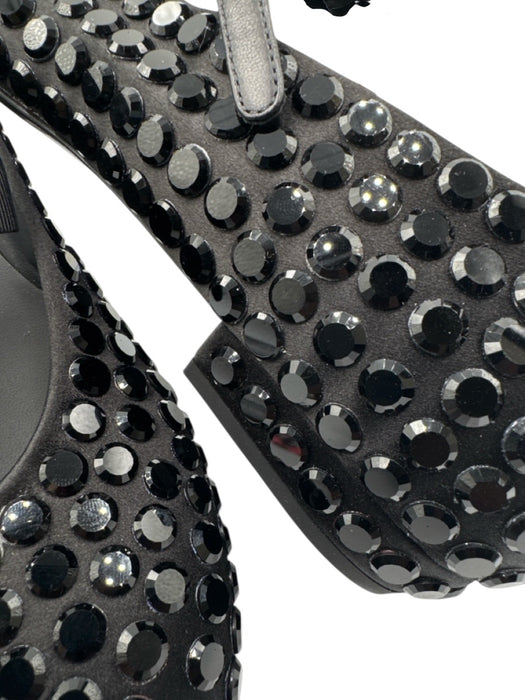 Chanel Shoe Size 38.5 Black Textile Mary Jane Rhinestone Grosgrain Ribbon Shoes Black / 38.5