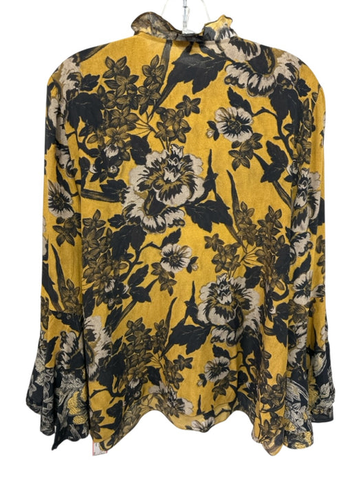 Kobi Halperin Size XL Gold & Black Silk Long Sleeve Tropical V Neck Top Gold & Black / XL