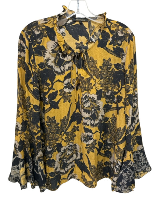 Kobi Halperin Size XL Gold & Black Silk Long Sleeve Tropical V Neck Top Gold & Black / XL