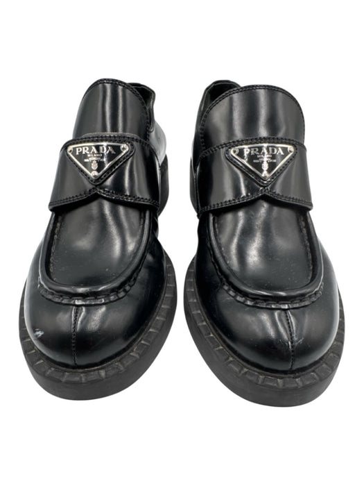 Prada Shoe Size 38 Black Leather Silver Logo Emblem Platform Loafers Black / 38
