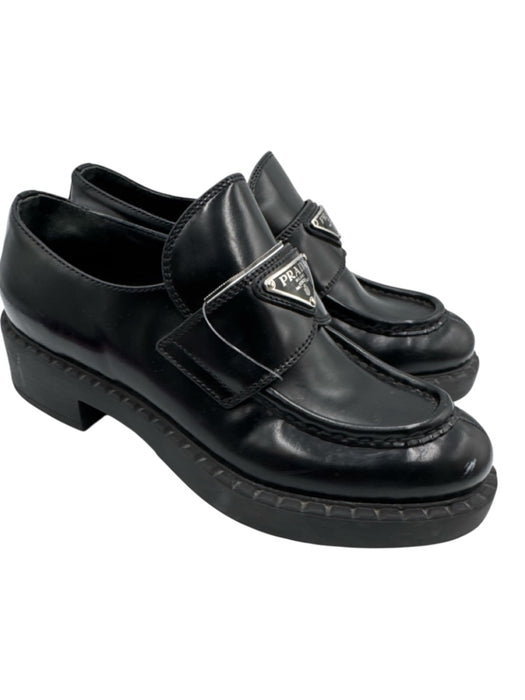 Prada Shoe Size 38 Black Leather Silver Logo Emblem Platform Loafers Black / 38