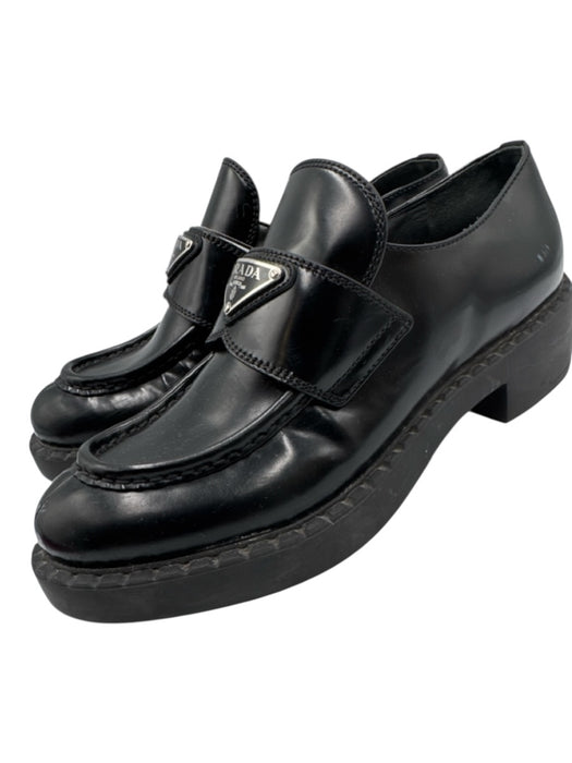 Prada Shoe Size 38 Black Leather Silver Logo Emblem Platform Loafers Black / 38