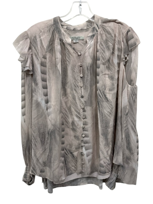 ALLSAINTS Size 6 Blush & Gray Viscose Long Sleeve Abstract Print Ruffles Top Blush & Gray / 6