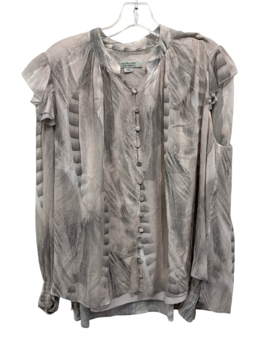 ALLSAINTS Size 6 Blush & Gray Viscose Long Sleeve Abstract Print Ruffles Top Blush & Gray / 6