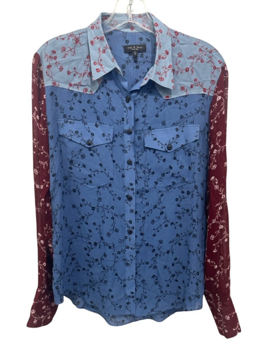 Rag & Bone Size Medium Blue, Red, White Viscose Long Sleeve Floral Top Blue, Red, White / Medium